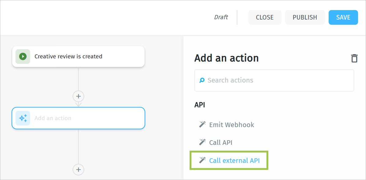 Adding a Call external API action to a project-based workflow