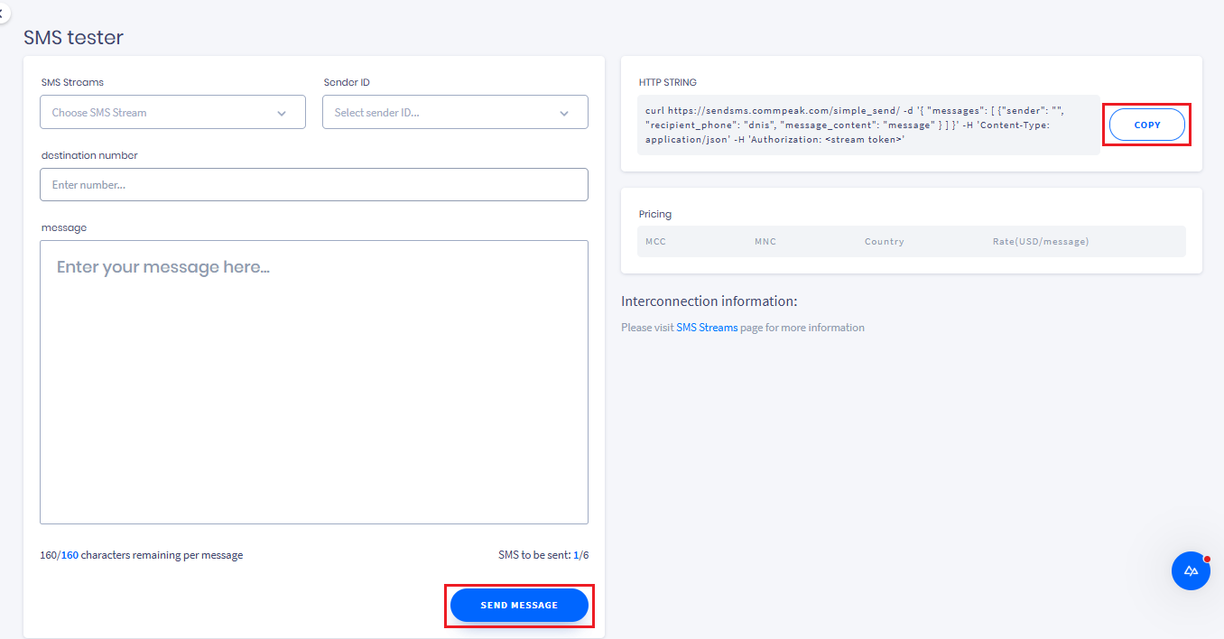 Screenshot of the **SMS Tester** page