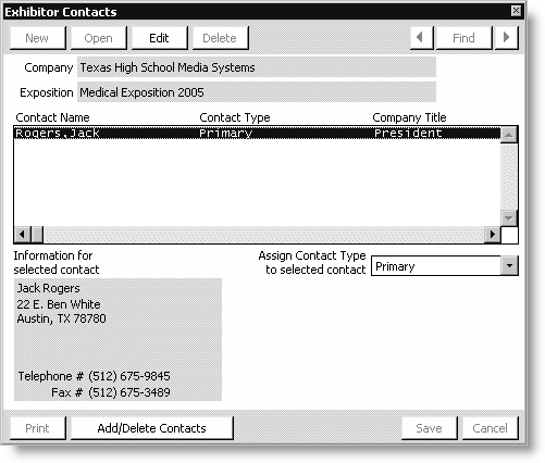 From Exposition, select View exhibitor information, open an exposition, double-click an exhibitor, click More, and select Contact Maintenance