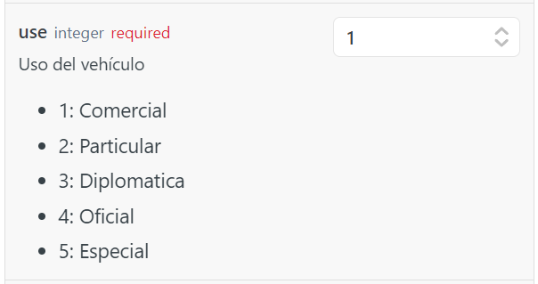 Campo en la api body.items[i].vehicle.use. [endpoint](https://developer.alanube.co/v1.0-PAN/reference/createinvoices-1)