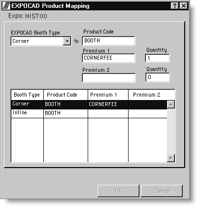 Expo > Define/Plan Exposition, double-click an exposition, click More, EXPOCAD Product Mapping