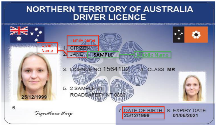 Northern Territory Driver Licence - post 1 November 2020 sample - front