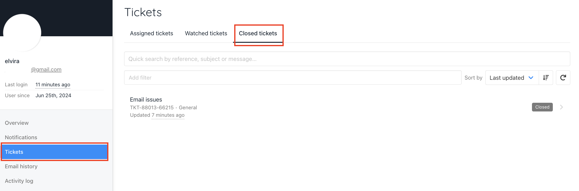 All tickets are listed in the Closed Tickets section