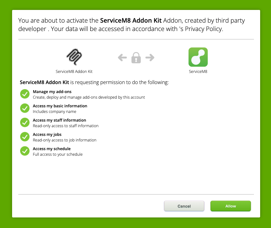 Review the access requested by ServiceM8 Addon Kit, then select Allow.