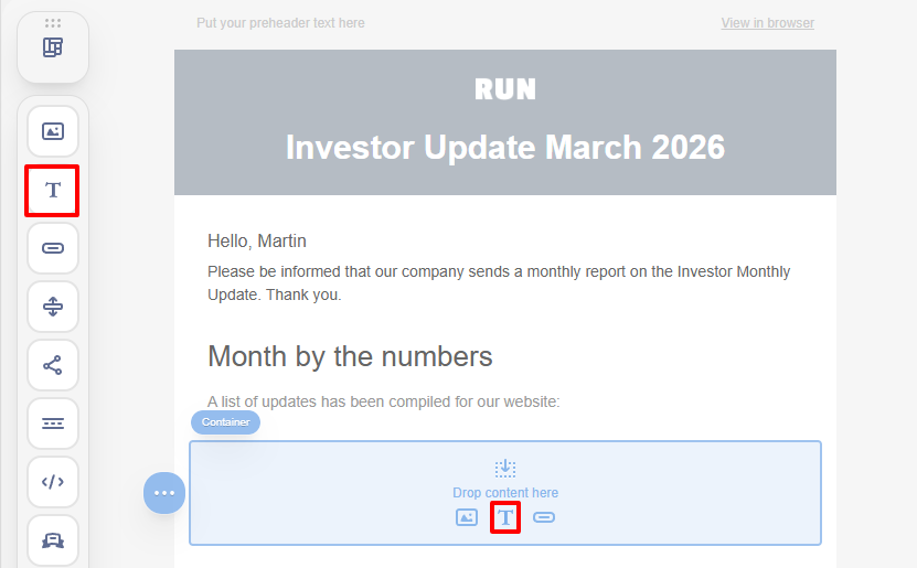 Dragging a Text block into the email
