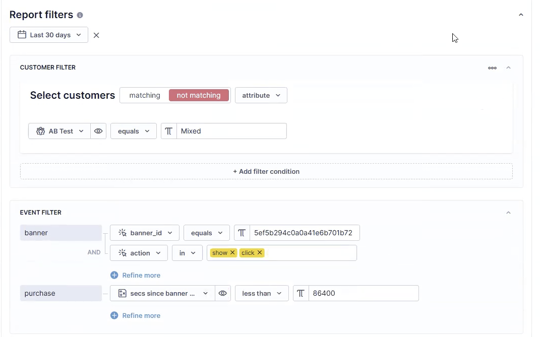 Report filters panel with customer filter excluding Mixed and event filter scoping banner and purchase events.