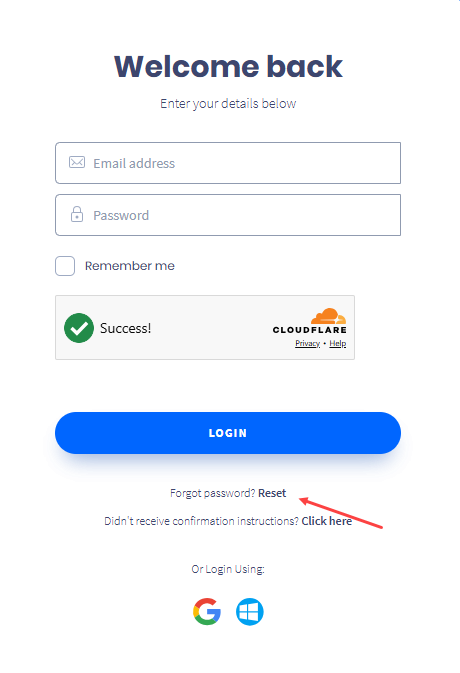 Screenshot with the link to reset forgotten password