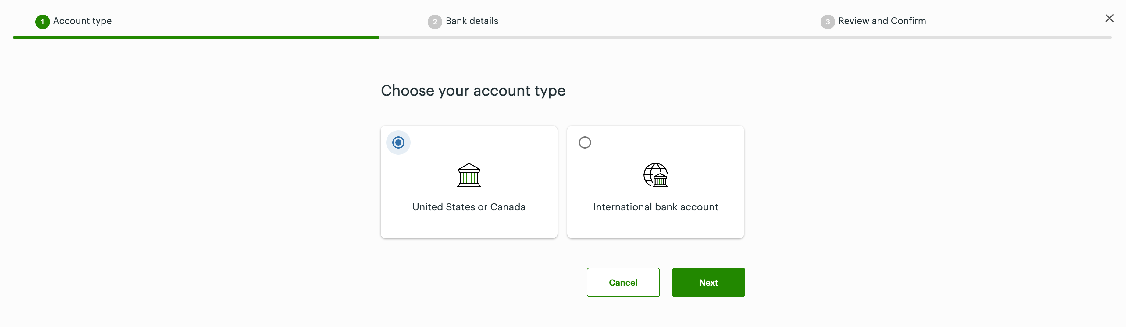 Choose your account type: United States or Canada