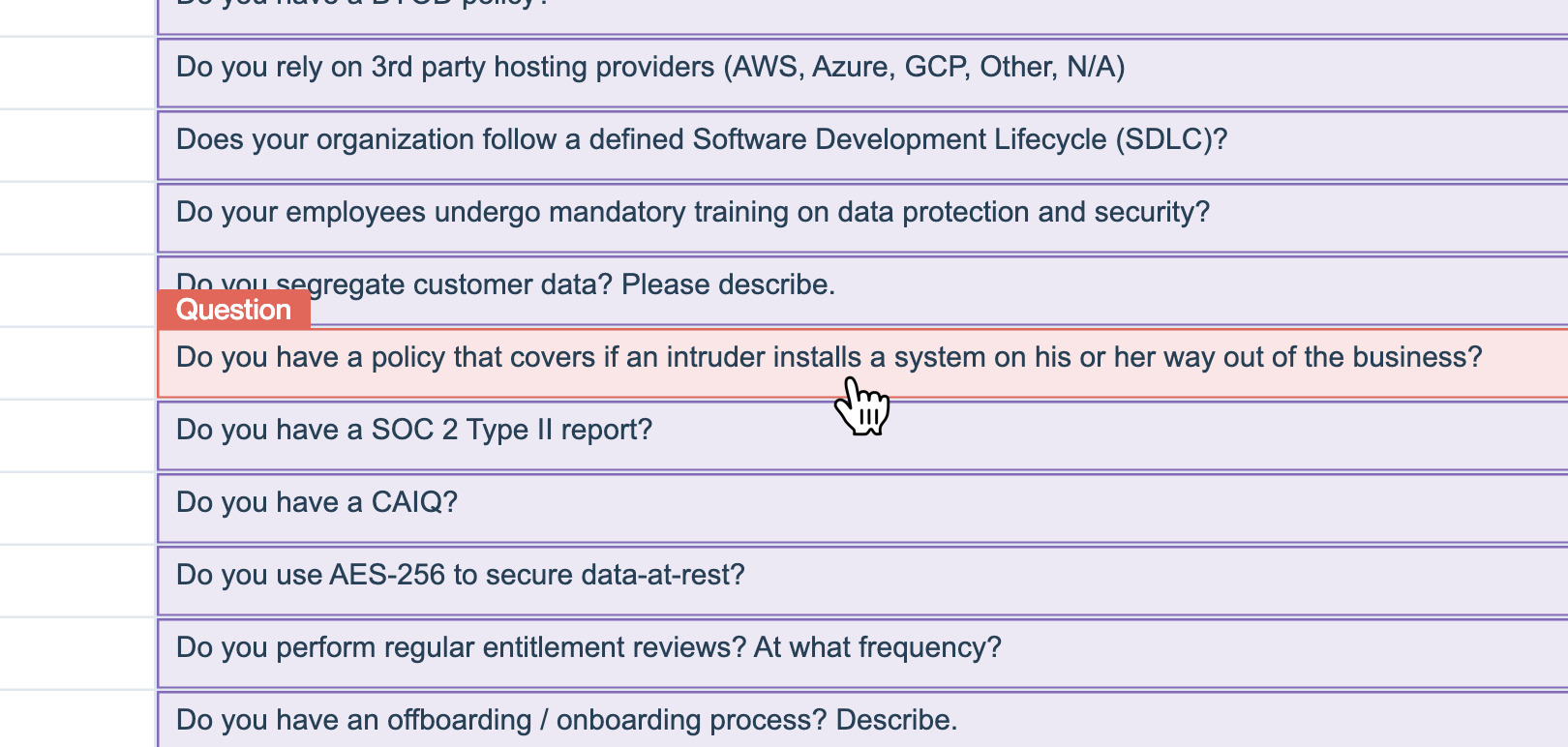 Click (and optionally drag) to add or remove questions.