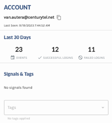 Account ID, Events for the Filter Period, and any Signals or Tags