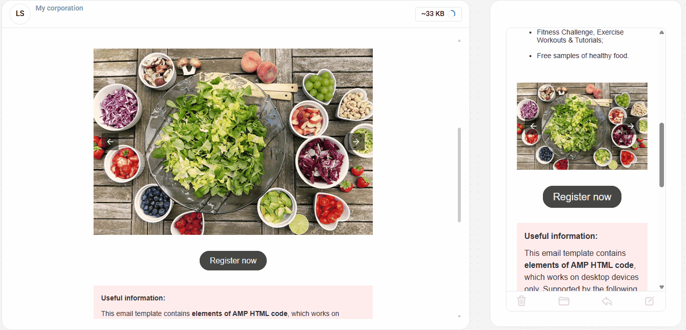 Email builder Container structure panel on the left with a preview of an email showing a couple's photo and three thumbnail images