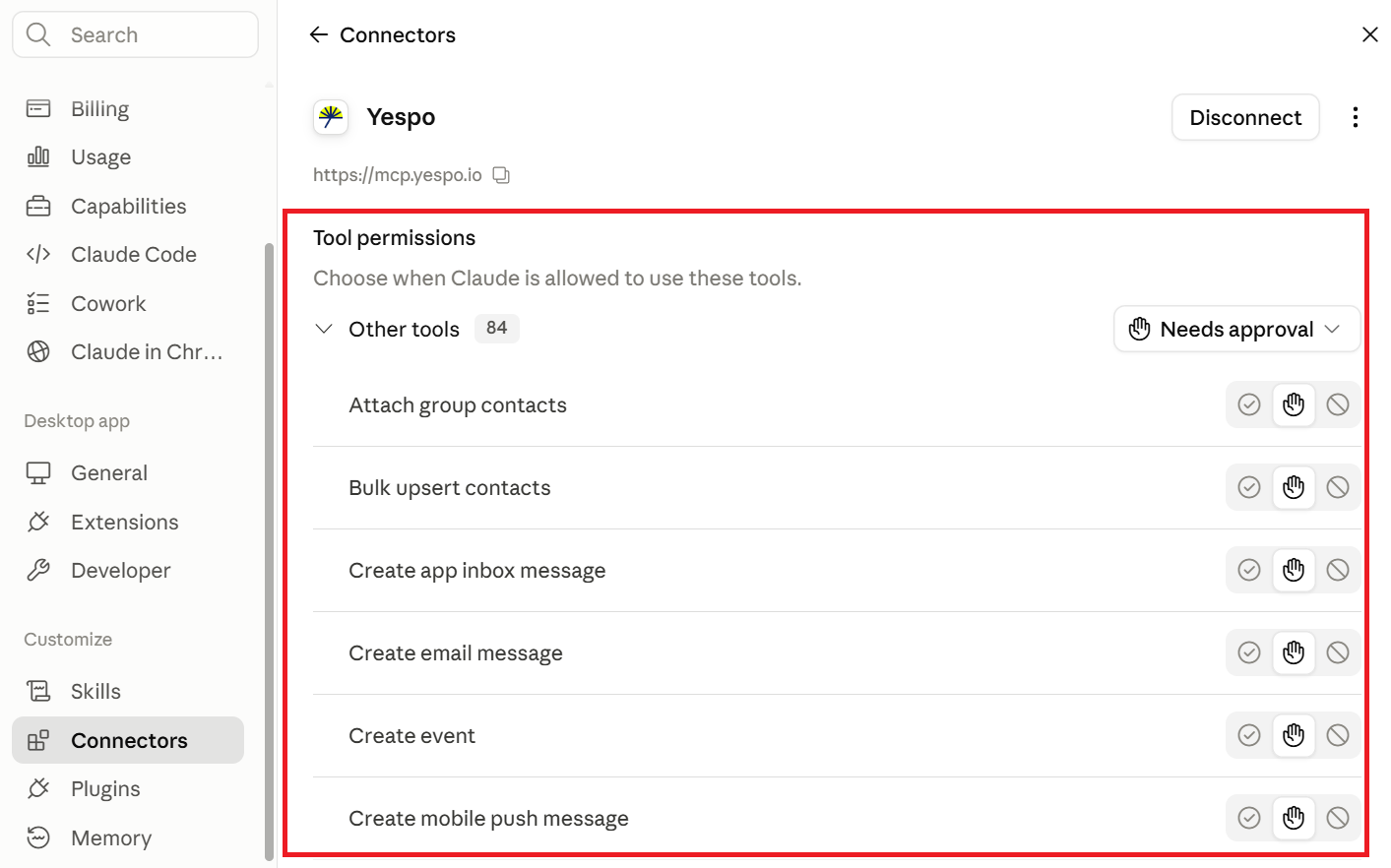 Permission settings for Yespo MCP tools in Claude