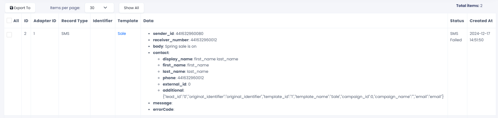 Screenshot with SMS records' list