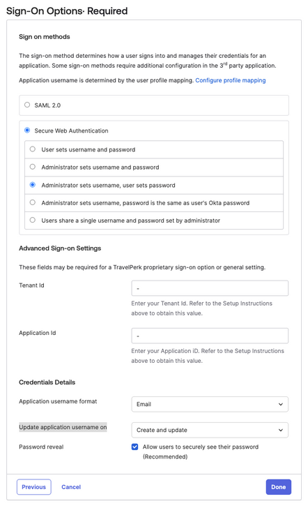 The Okta Secure Web Authentication settings for the Perk app.