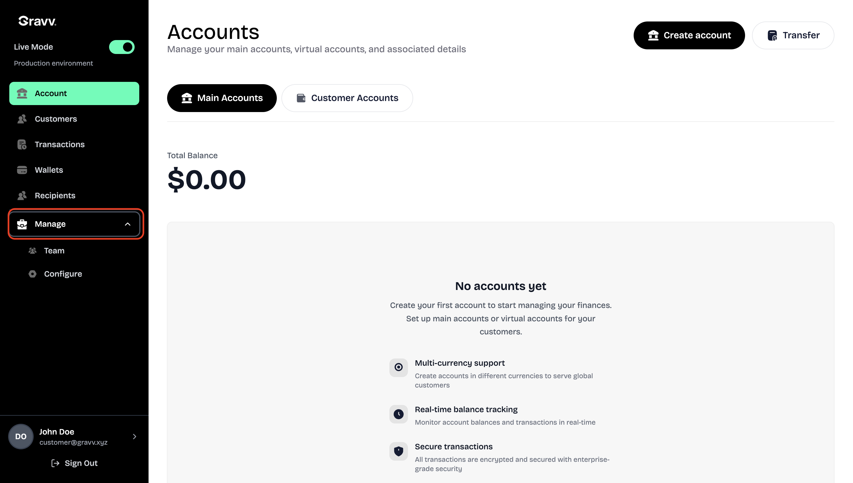 Gravv dashboard with the Manage button highlighted in the side navigation.