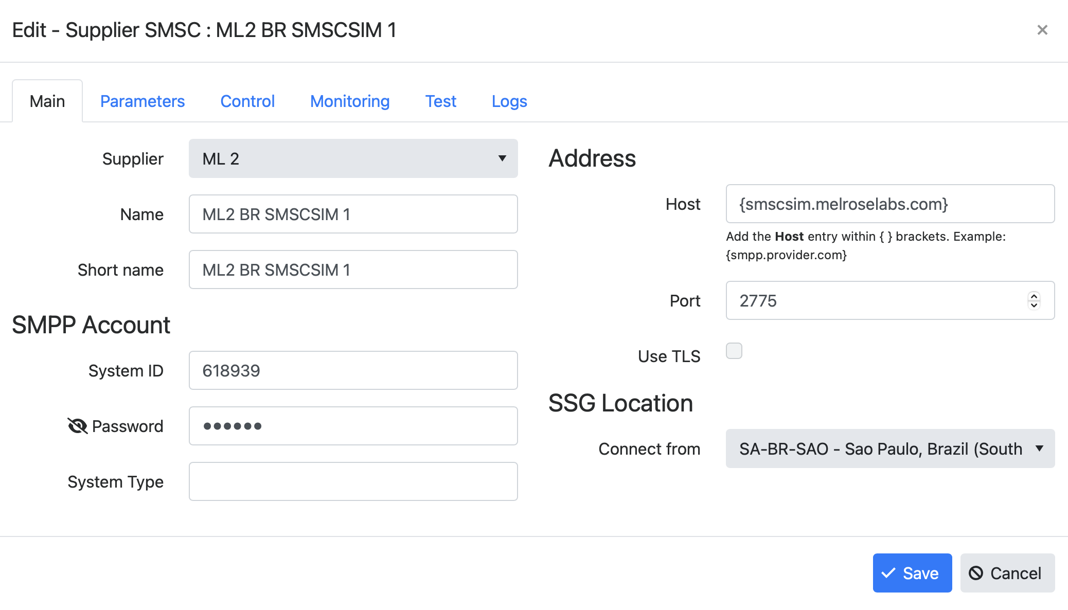 Supplier SMSC configuration dialog (edit existing SMSC)