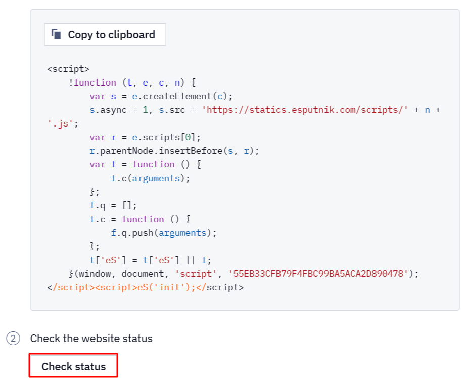 Check status button for verifying the web tracking script installation