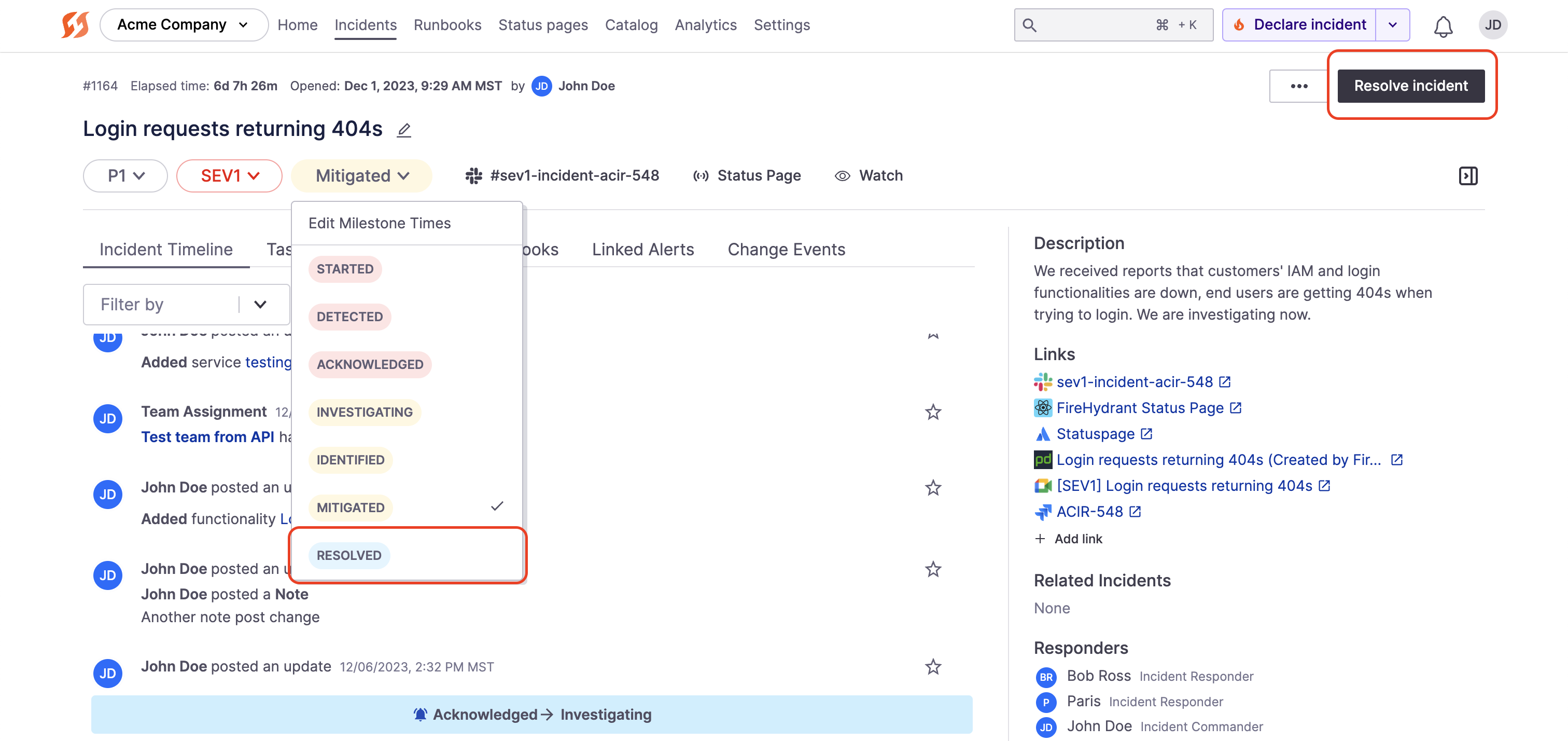 Resolve button location in the Command Center