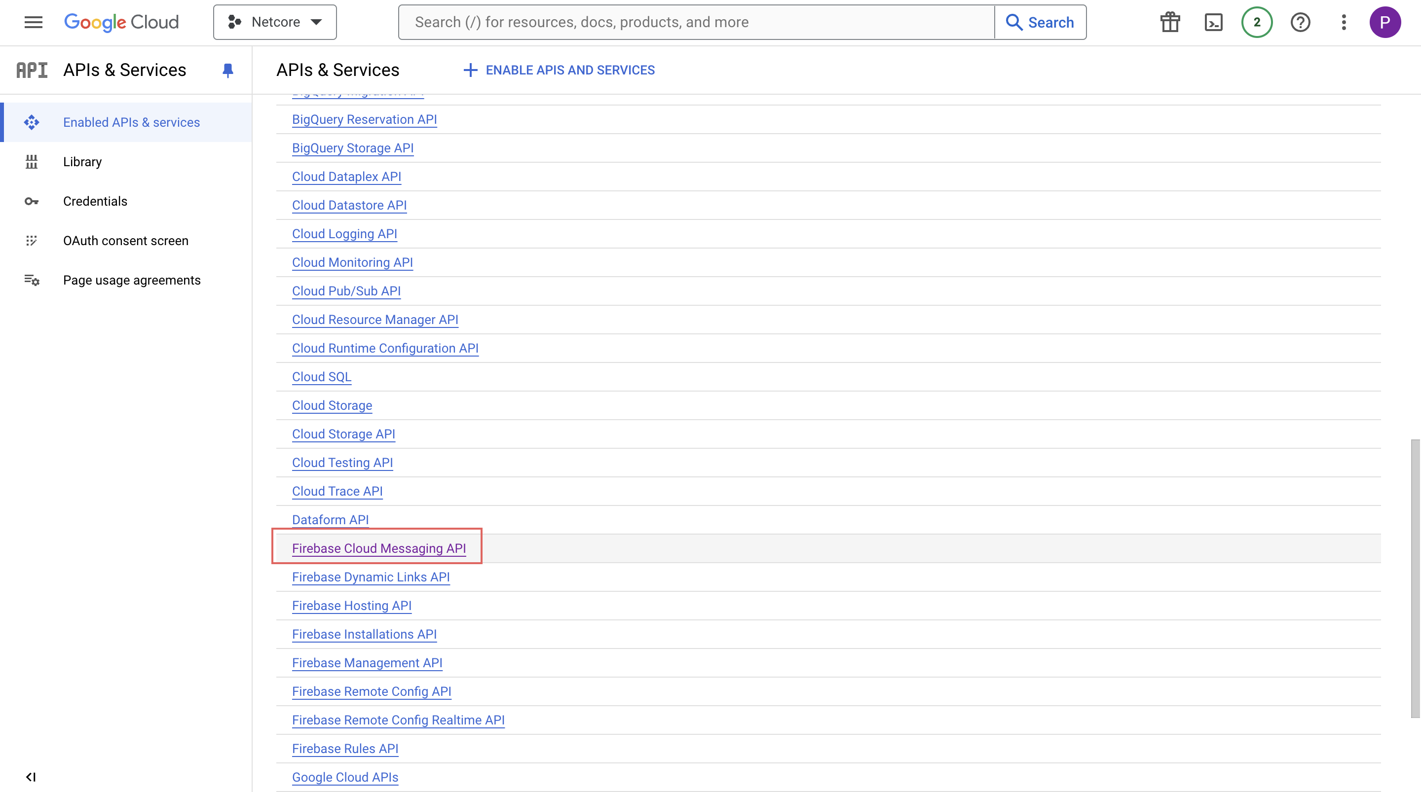 Select Firebase Cloud Messaging API