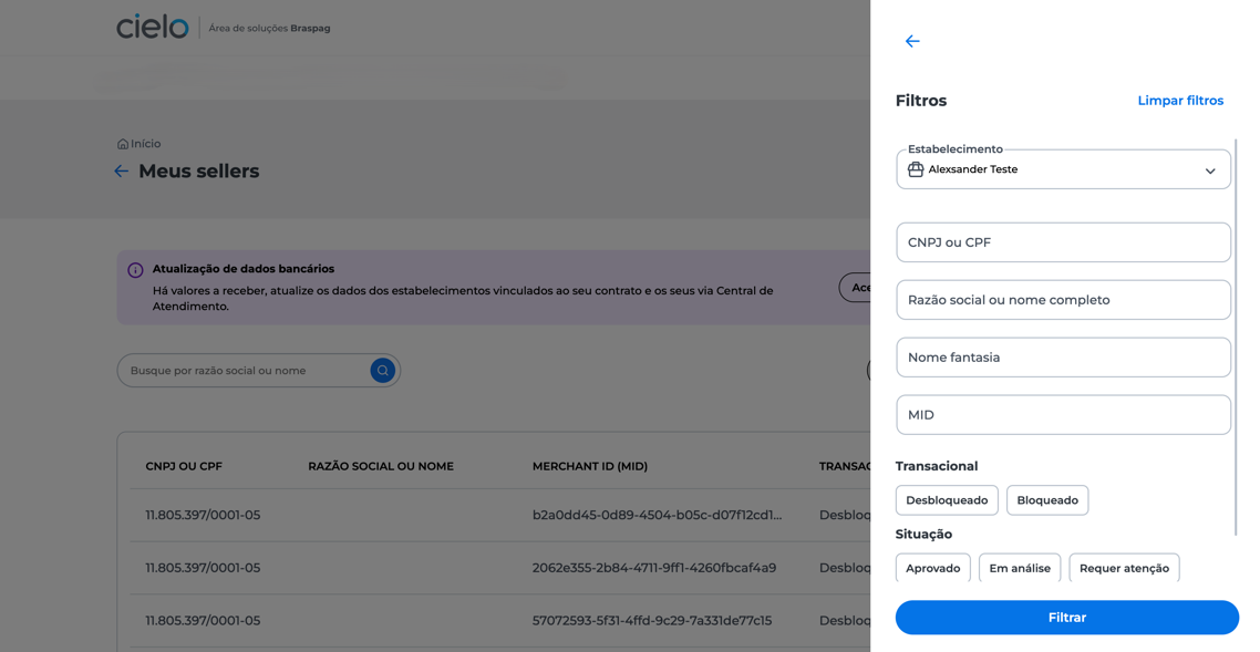 Use os filtros para buscar um seller específic