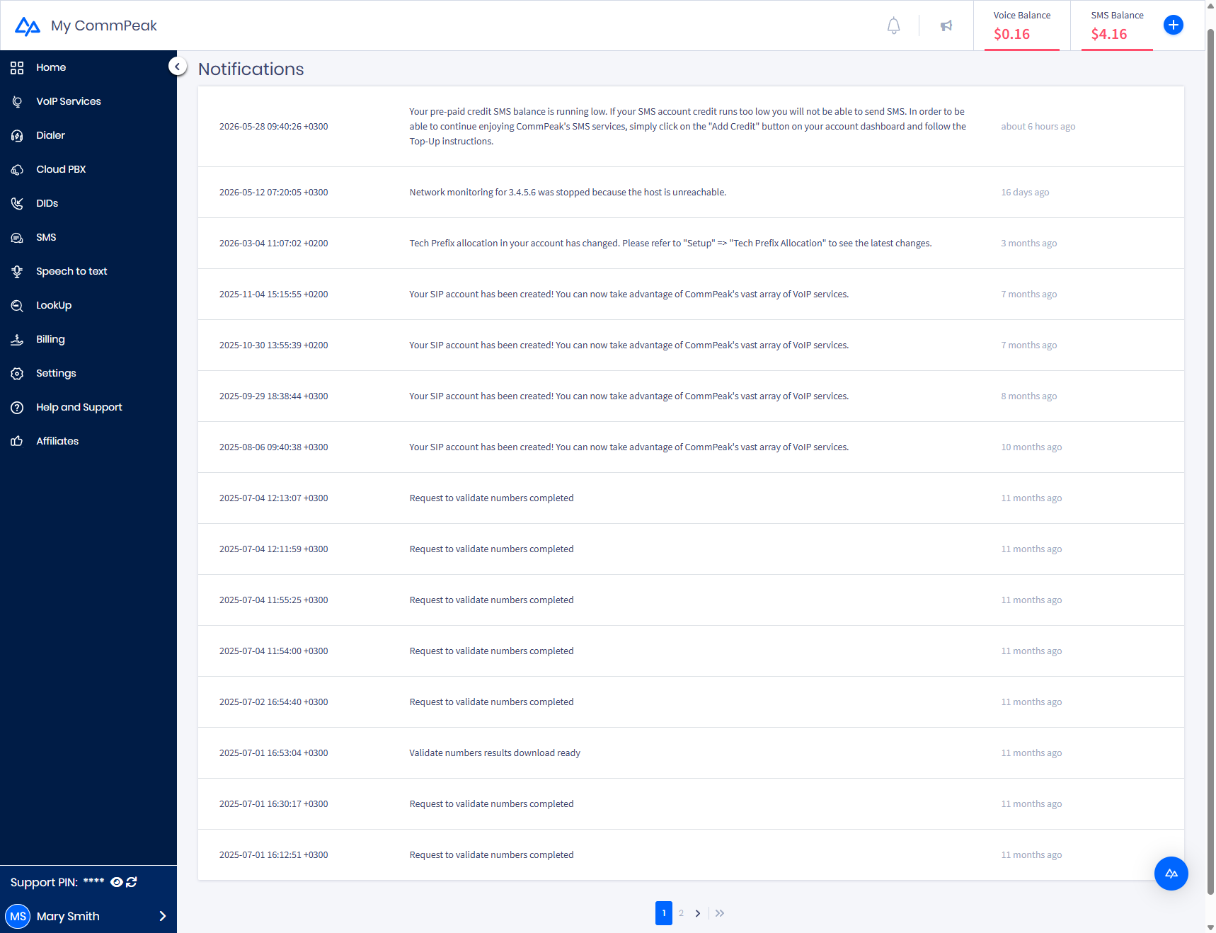 Screenshot of the Notifications page