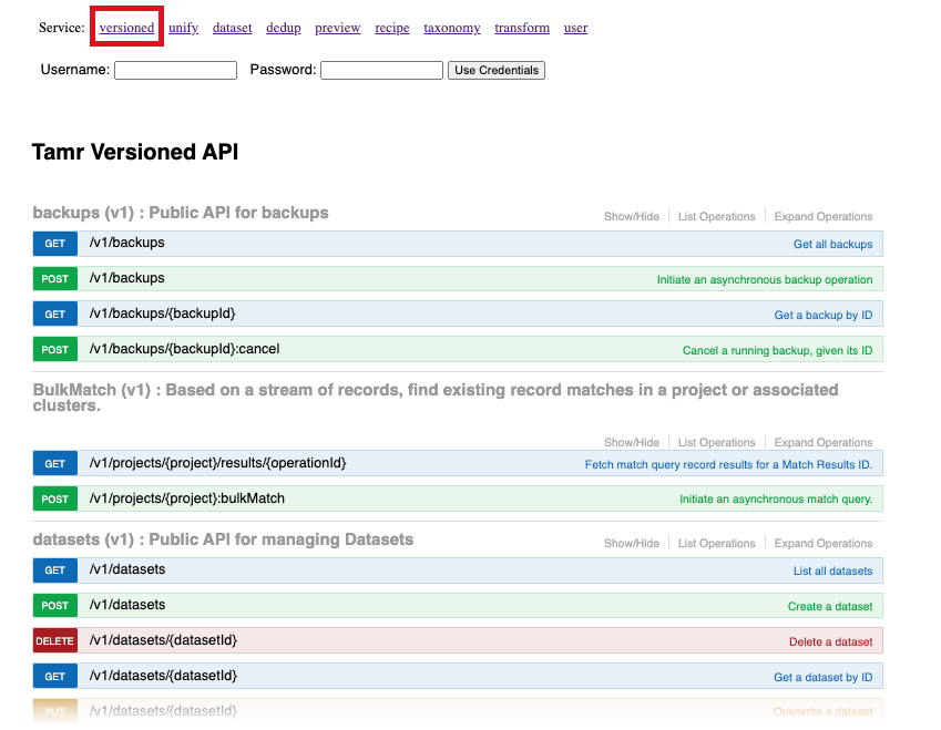 Tamr Core versioned API in Swagger documentation.
