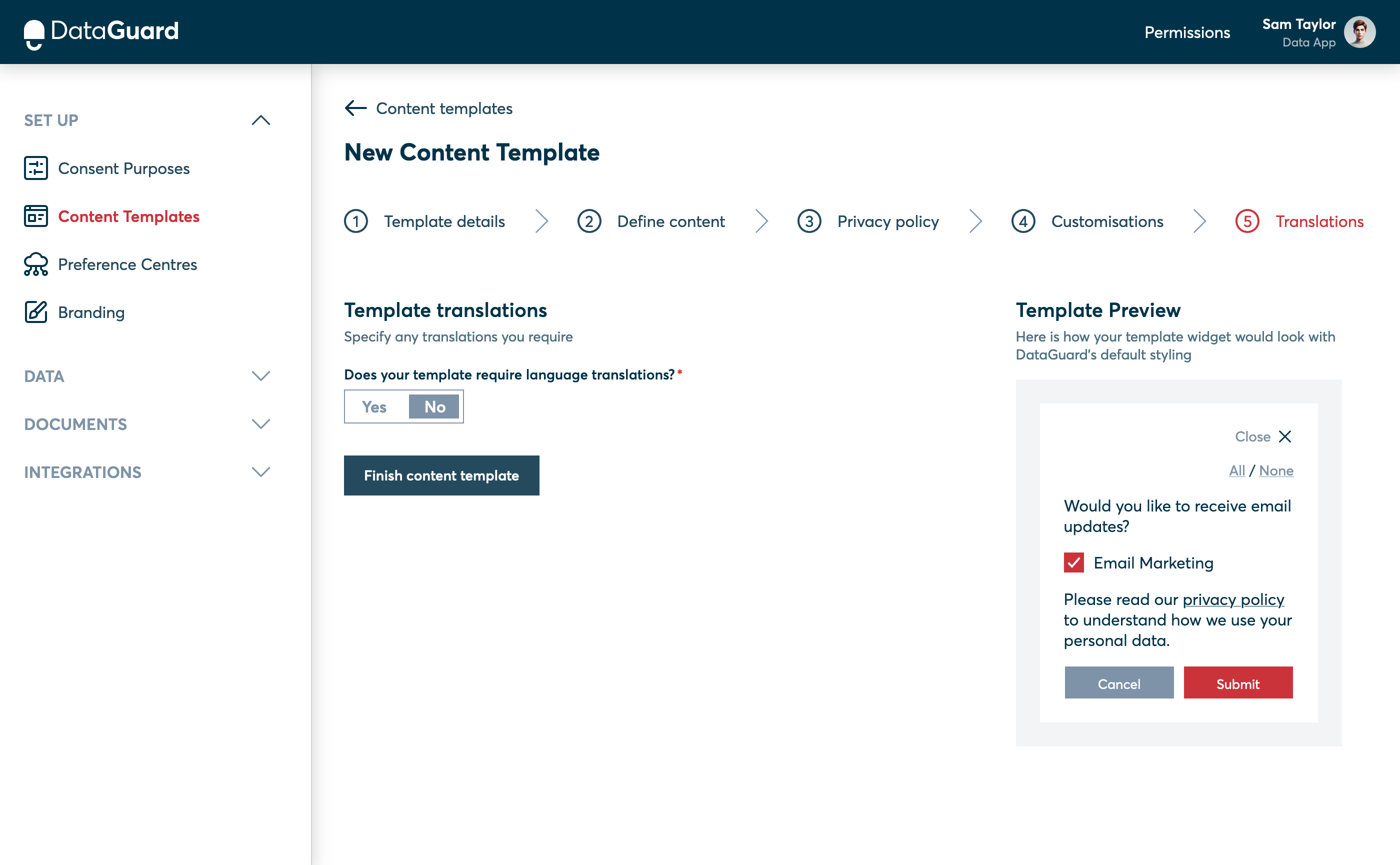 Translations page in the Templates UI.