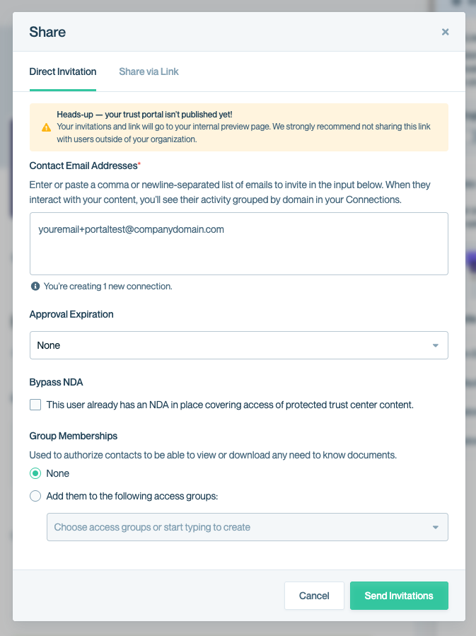 Conveyor Trust Center 'Share' modal open to the Direct Invitation tab. A yellow warning banner notes that the Trust Center isn’t published yet. The email input contains 'youremail+portaltest@companydomain.com.' Below are additional options for approval expiration, NDA bypass, and group memberships.