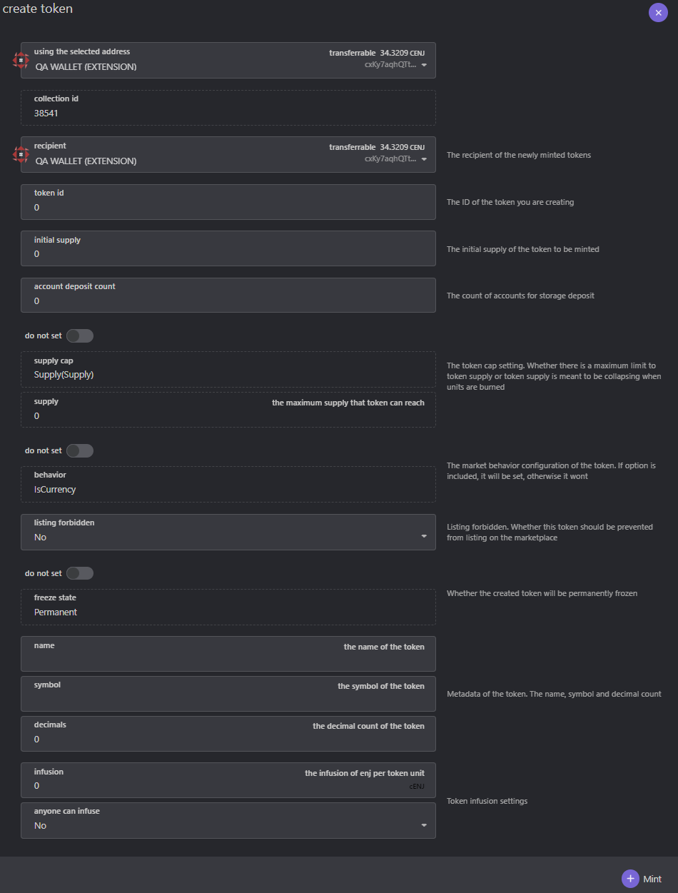 To create a token, go to the Multi Tokens page, choose a collection you own and click on the Mint button. A form will appear, where you can choose the initial supply, the recipient of the tokens and more parameters.