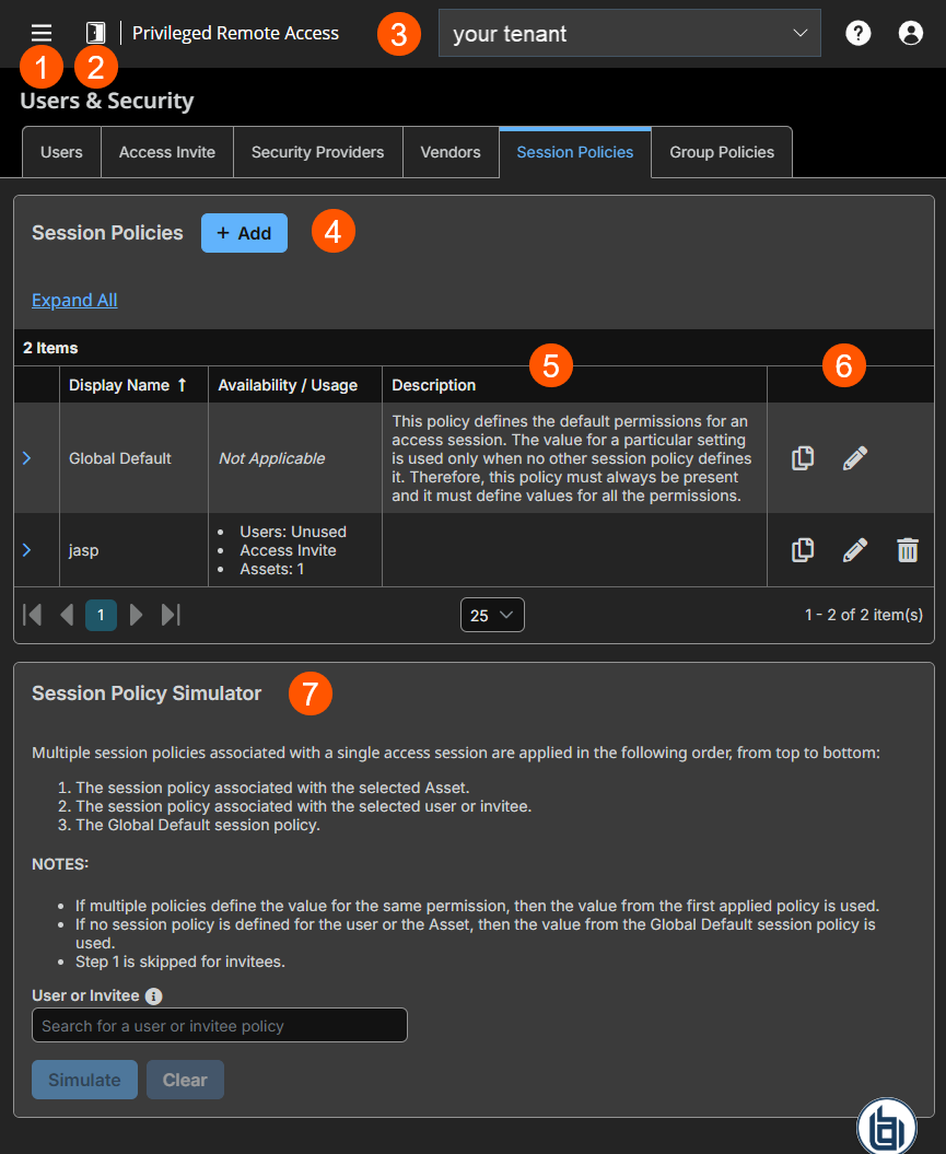 An image of BeyondTrust Privileged Remote Access interface showing the 'Users & Security' page with the 'Session Policies' tab selected. The page includes a '+ Add' button and a table listing session policies with columns for Display Name, Availability/Usage, and Description. Listed policies include 'Global Default,' 'BeyondTrust Pathfinder User Access,' and 'User Access,' each with icons for editing, copying, and deleting. A 'Session Policy Simulator' section at the bottom explains how policies are applied in order and includes fields to search for a user and select a session start method.