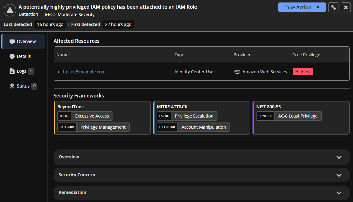 Detection side panel with Take Action menu, tabs for Overview, Details, Logs, and Status, and affected resources table