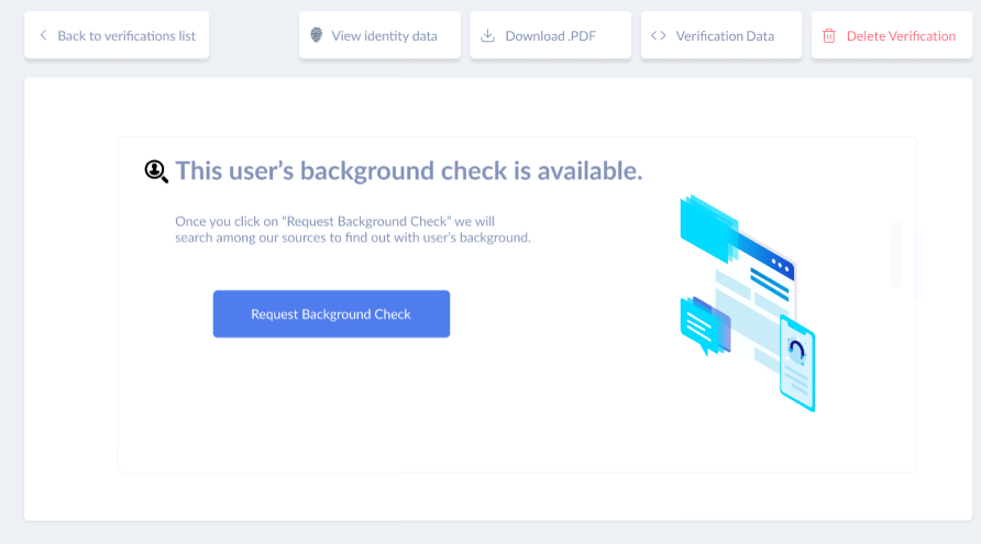 Dashboard screen showing a user's background check is available. The "Request Background Check" button is to the left of center.