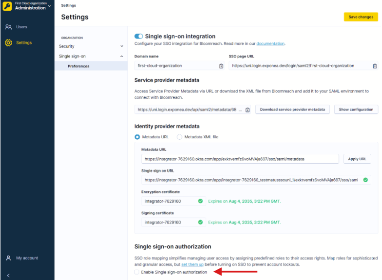 Bloomreach SSO settings with Enable Single sign-on authorization toggle highlighted.Retry
