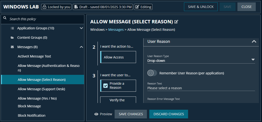 User reason settings for an allow message