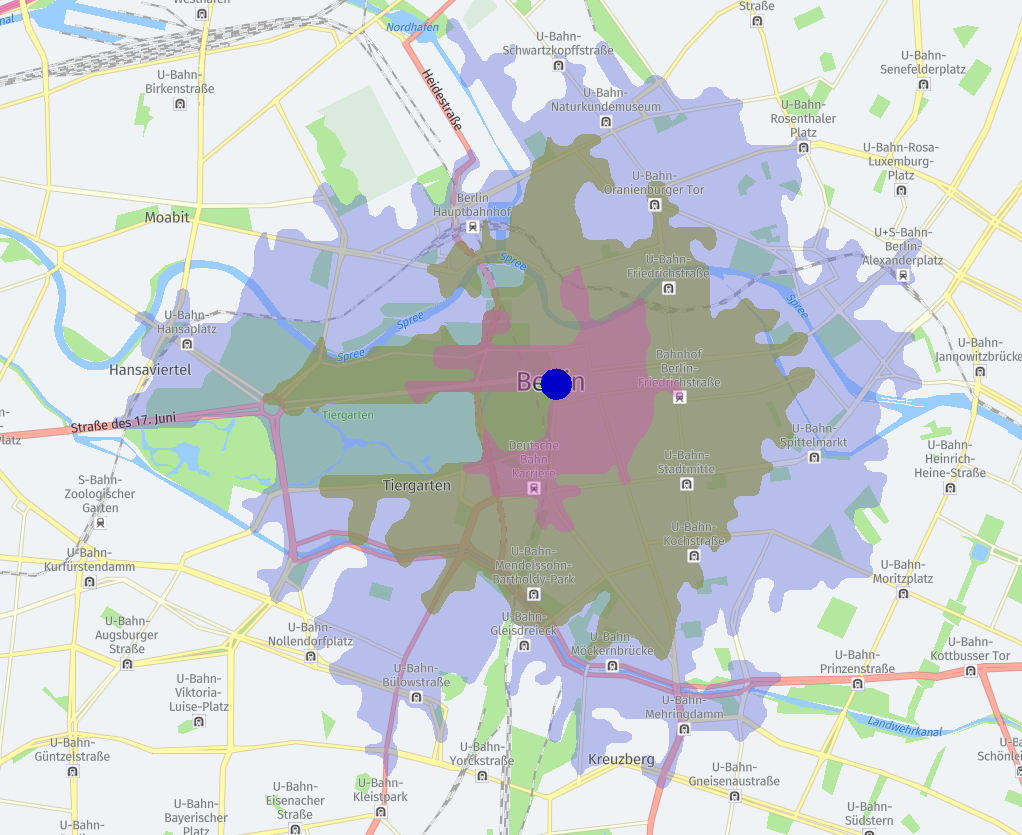 Example isoline routing with three ranges: 1000 m, 2000 m, and 3000 m