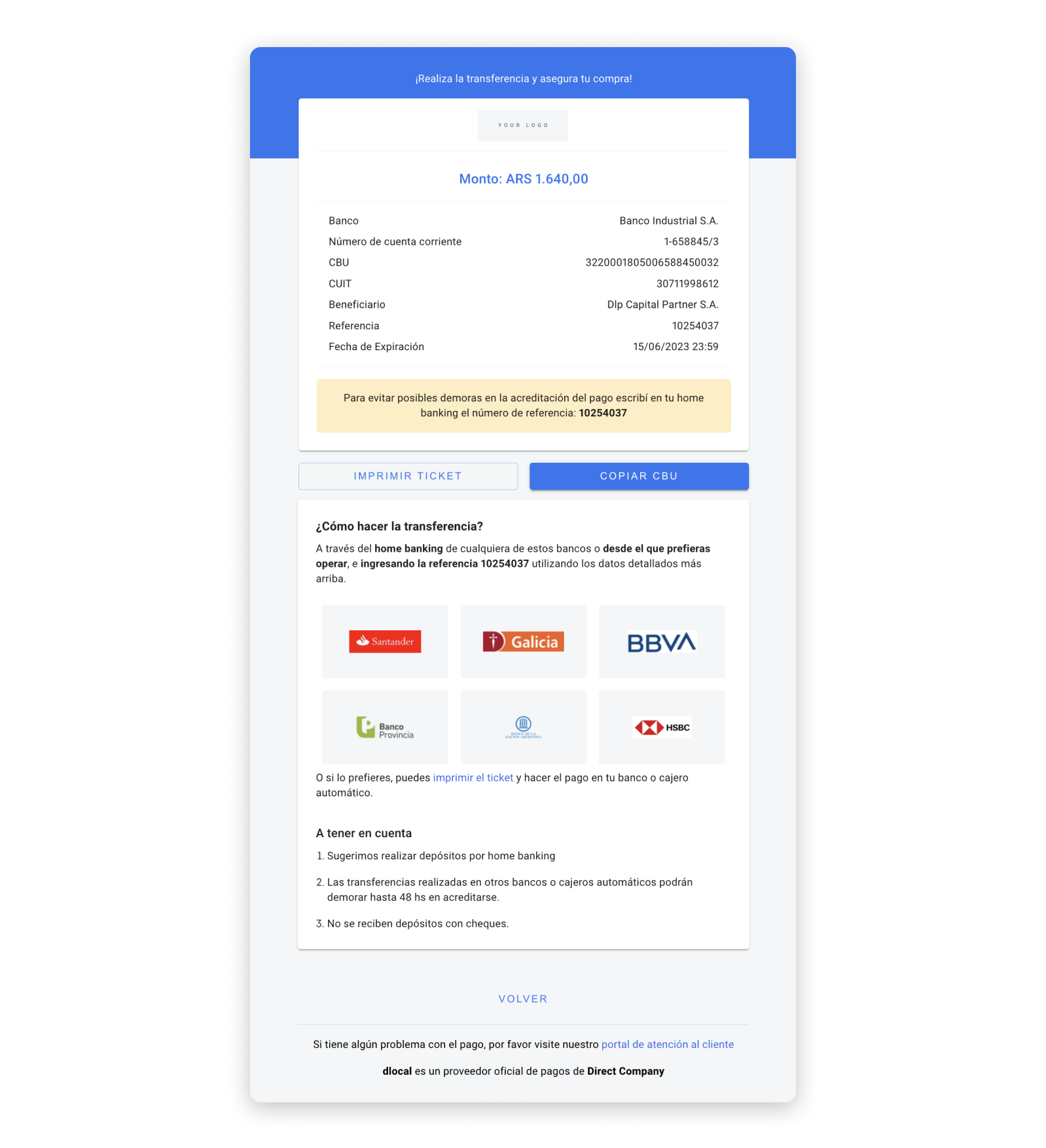 Bank Transfer UI built with the information in the example above.