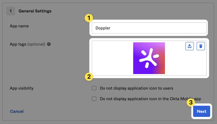 Okta Admin Console displaying 'General Settings' fields for naming the application and providing relevant descriptions for Doppler integration.