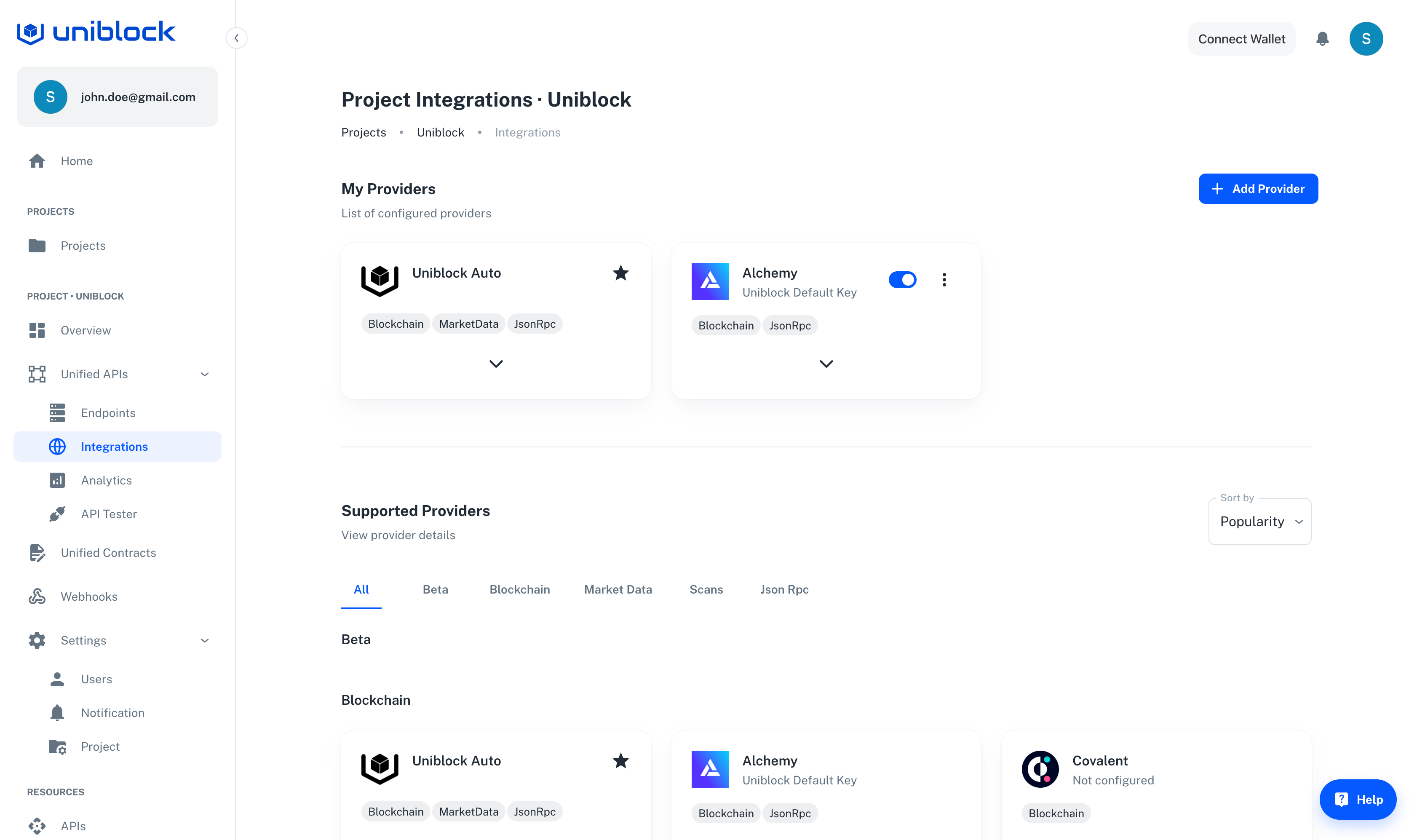 Project Integrations/Providers Section in your Project Dashboard