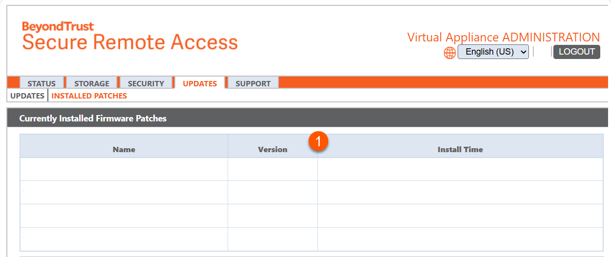 BeyondTrust Secure Remote Access interface showing the 'Currently Installed Firmware Patches' section. The table, which is currently empty, includes columns for Name, Version, and Install Time. The 'Updates' tab is highlighted, and other visible tabs include Status, Storage, Security, and Support. The interface also features a Virtual Appliance Administration section with language selection and logout options.