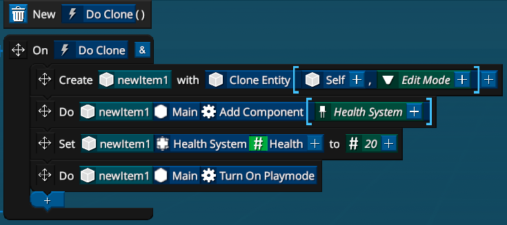 The Entity is cloned and is set to 'Edit Mode'. A 'HealthSystem' component is added, it's health set to 20, then Playmode is turned on for it.
