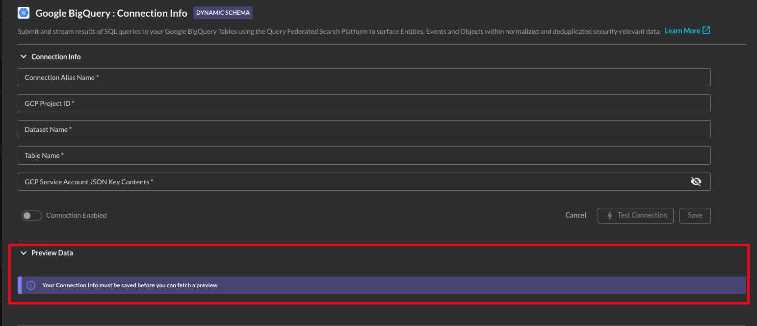 FIG. 2 - Preview Data warning for improperly configure platform connector credentials