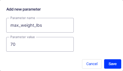 Add new parameter modal dialog showing Parameter name and Parameter value fields