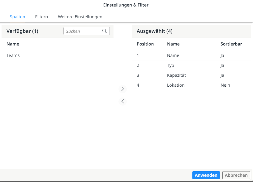 Verfügbare Spalten in der Worklist des Tabs "Ressourcen"