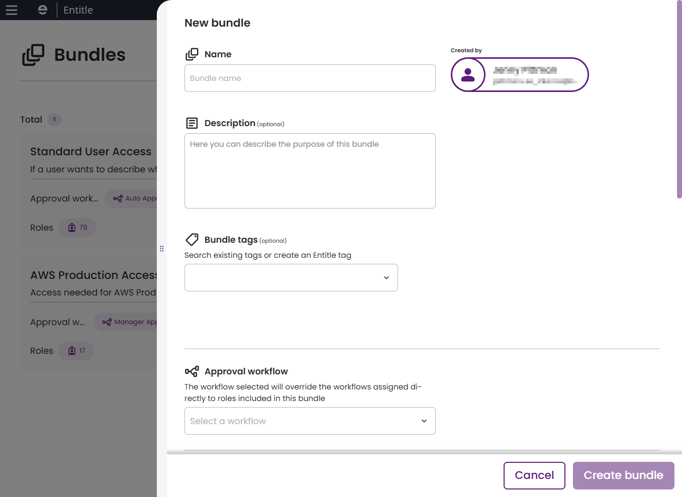 New Bundle form, name, description, tags, and workflow