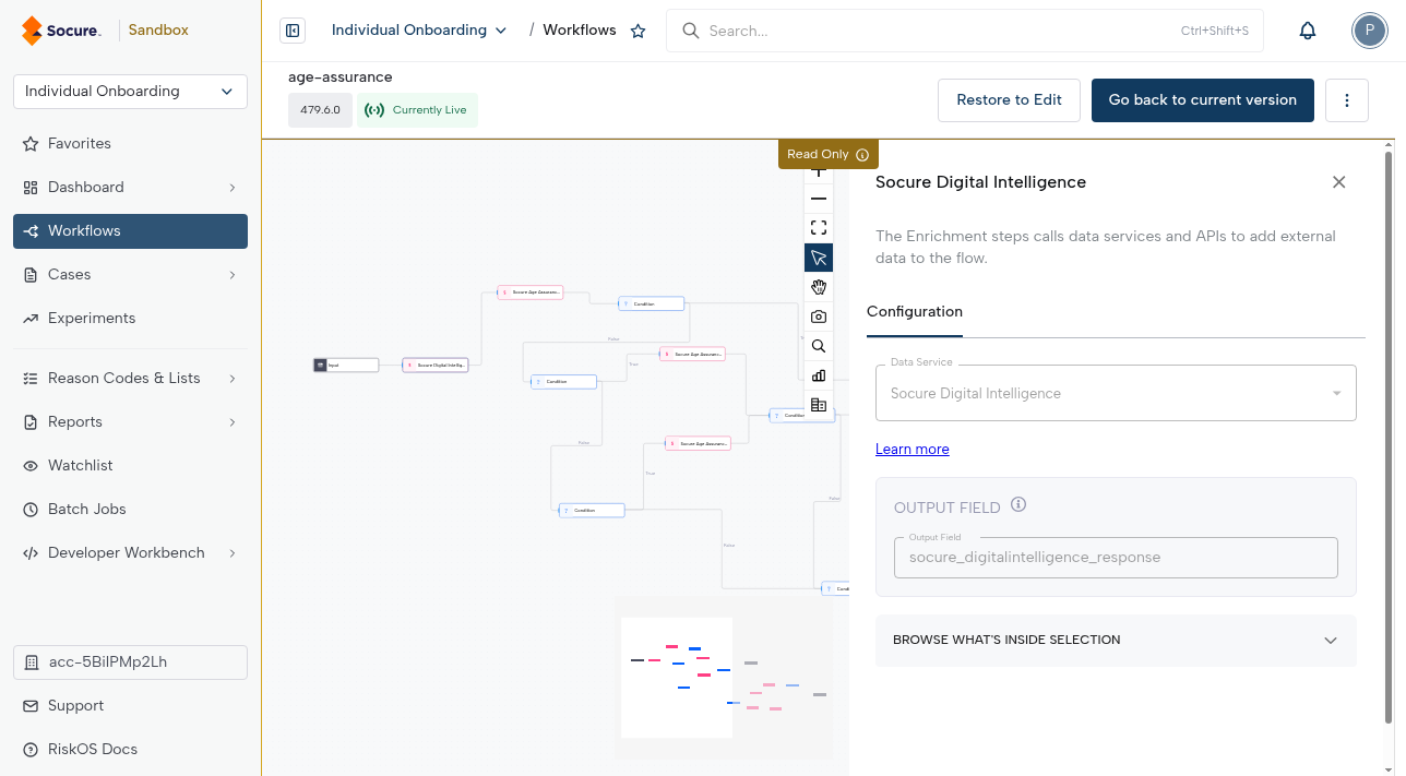 RiskOS™ Dashboard Enrichment step configuration panel showing the Data Service dropdown, Learn more link, and Output field
