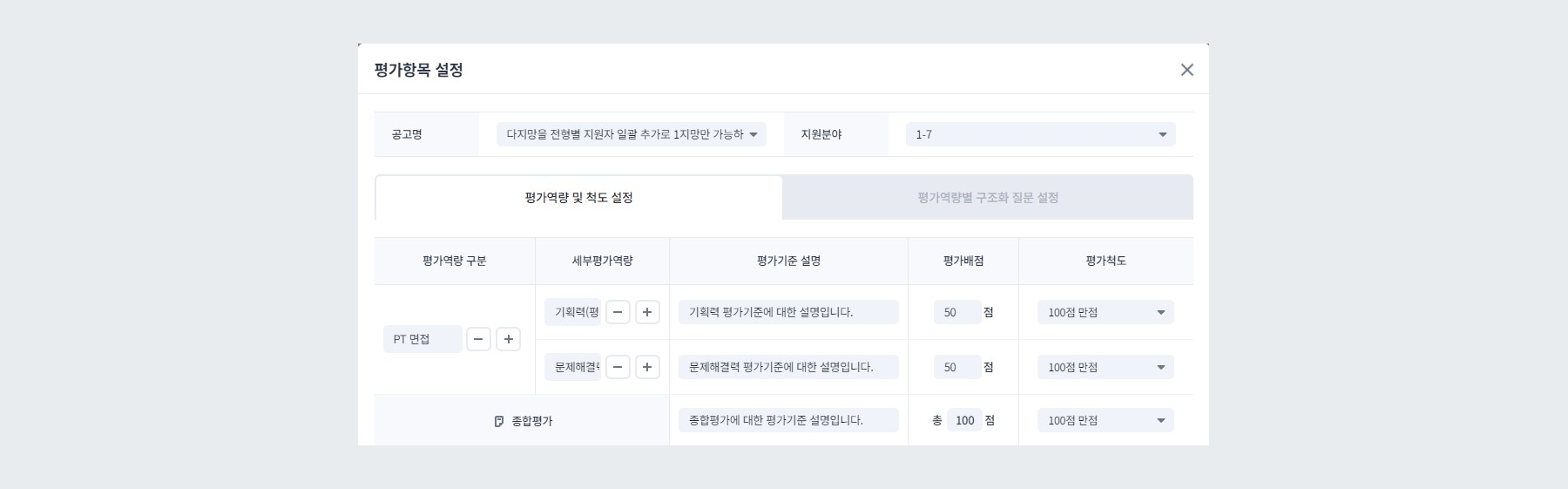 2Depth 구조 평가항목 설정