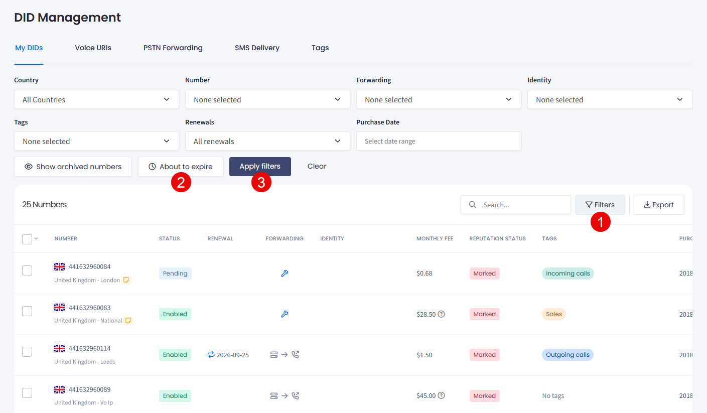 Screenshot with filtering About to expire DIDs