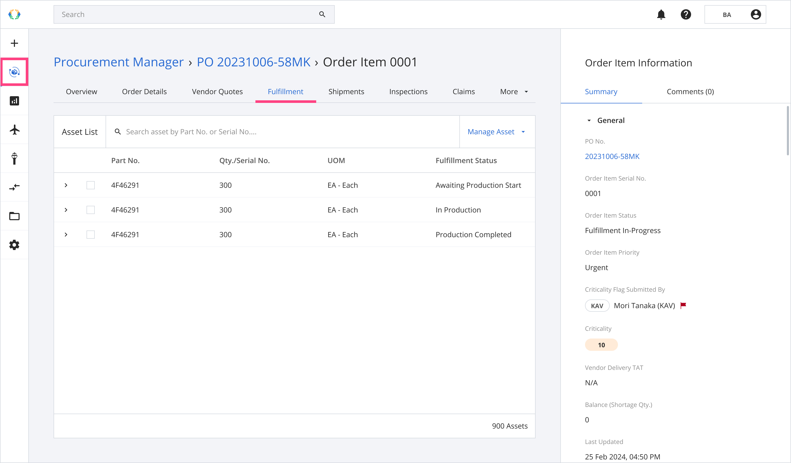 Location of Order Items Tab in Procurement Manager