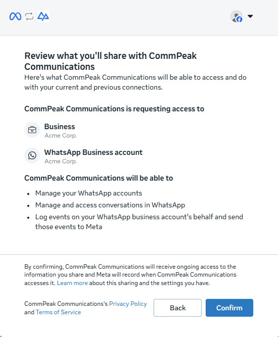 Review screen listing the assets shared with CommPeak and the permissions it grants