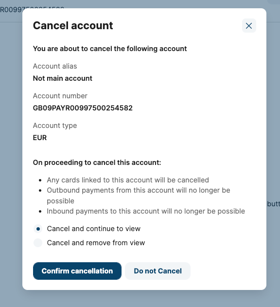 Pop-up window that will appear when selecting 'Cancel account'